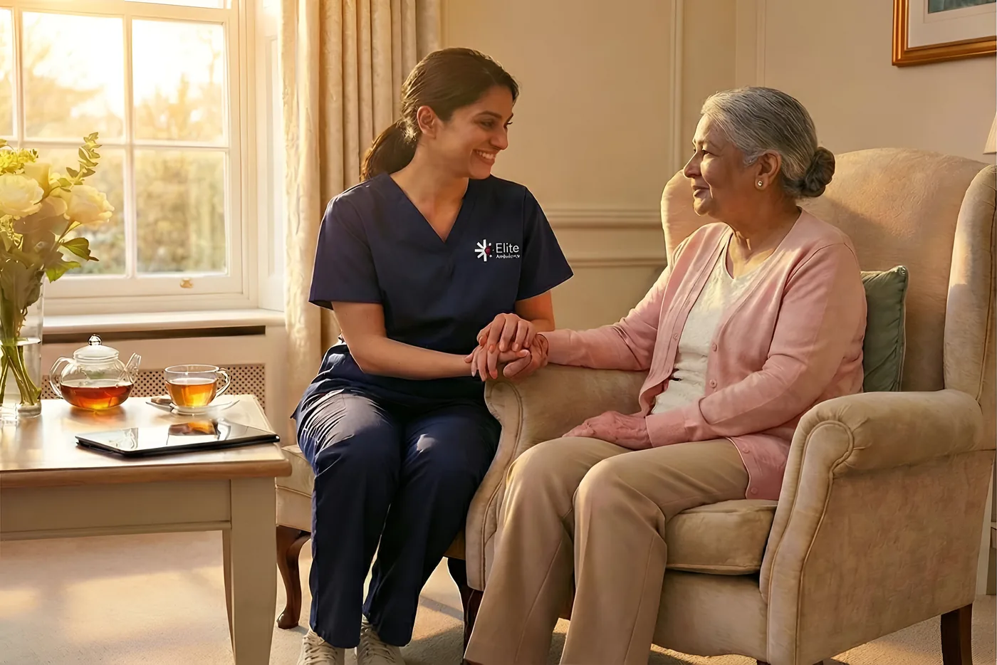 Nurse supporting an elderly patient after a medical transfer