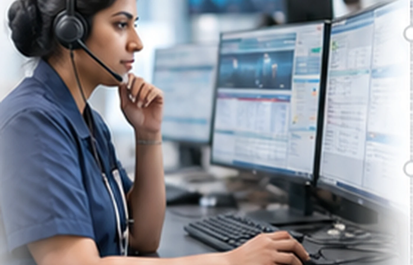 Nurse coordinating a medical case at the command desk